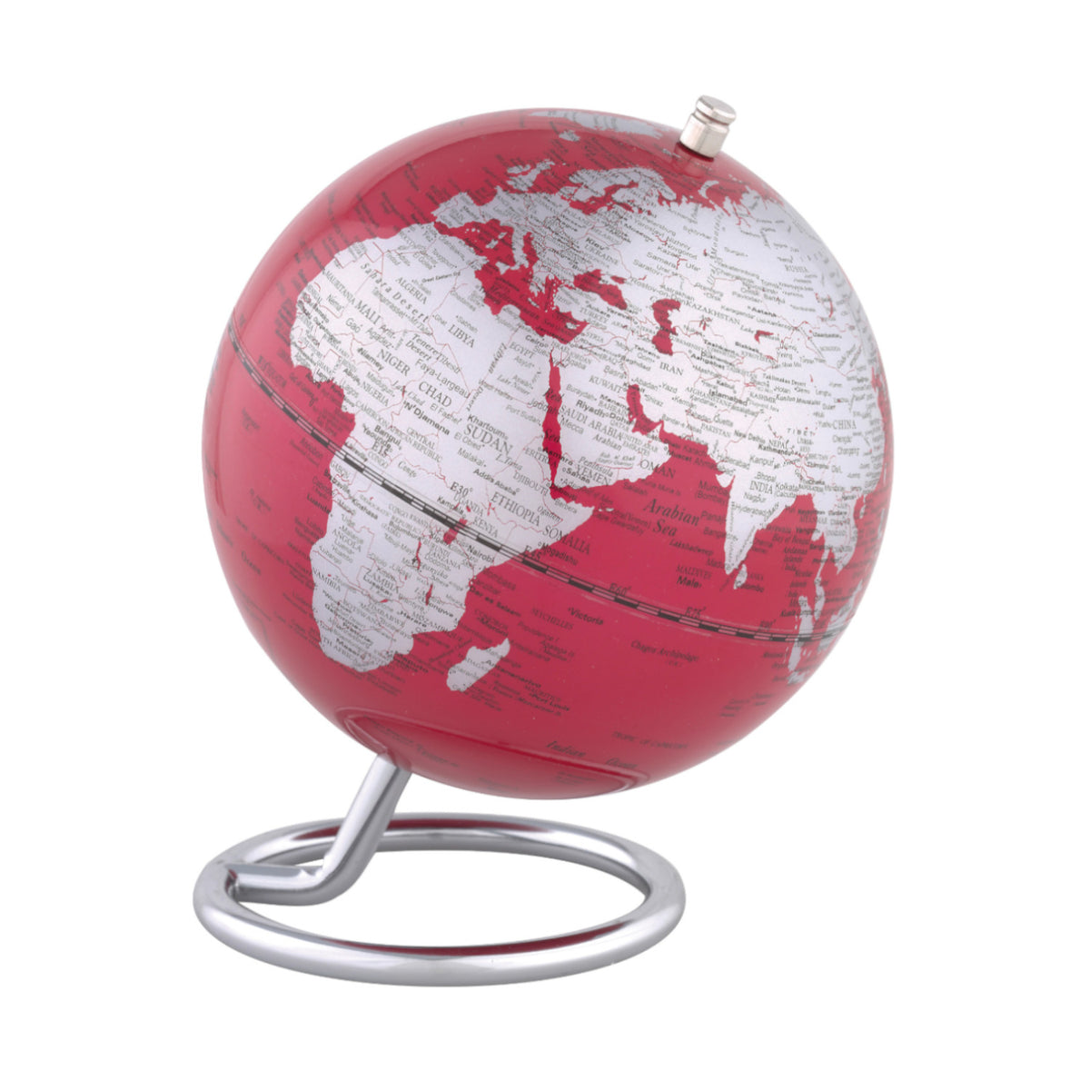 Troika Galilei Mappamondo da Tavolo – Diametro 13 cm, Finitura Rosso e Silver con Base Cromata